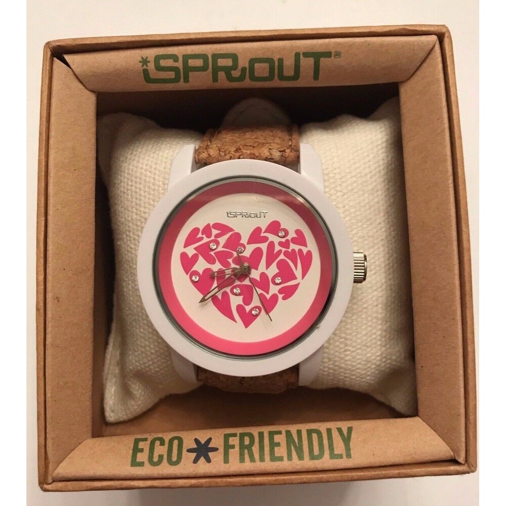 SPROUT eco-friendly watch Pink Hearts White Resin Case w Tan Cork Strap NIB